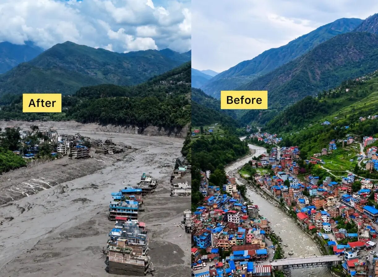 Before-and-after views showing the destruction of a Nepalese riverside settlement